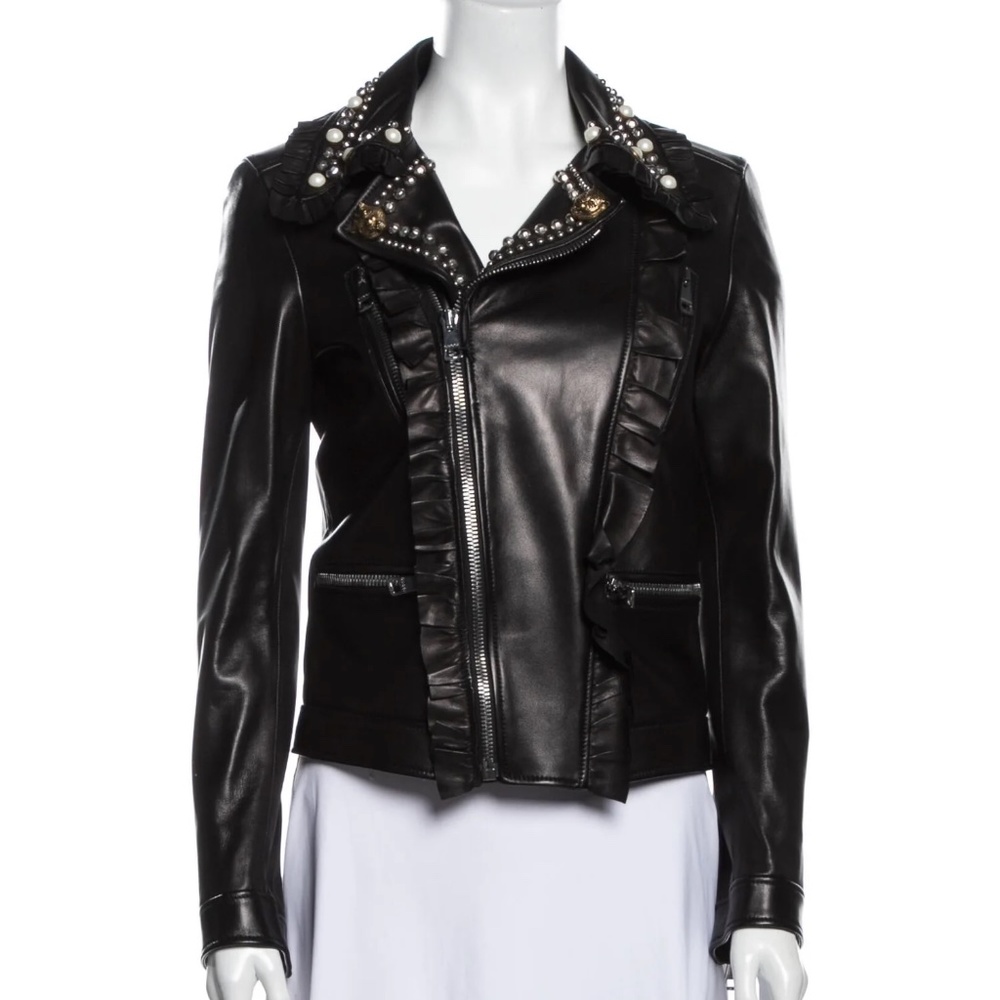Gucci Leather Studded Tiger Ruffled Pearl Motorcycle Jacket